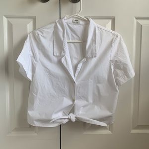 White cropped button up T-shirt with tied bottom